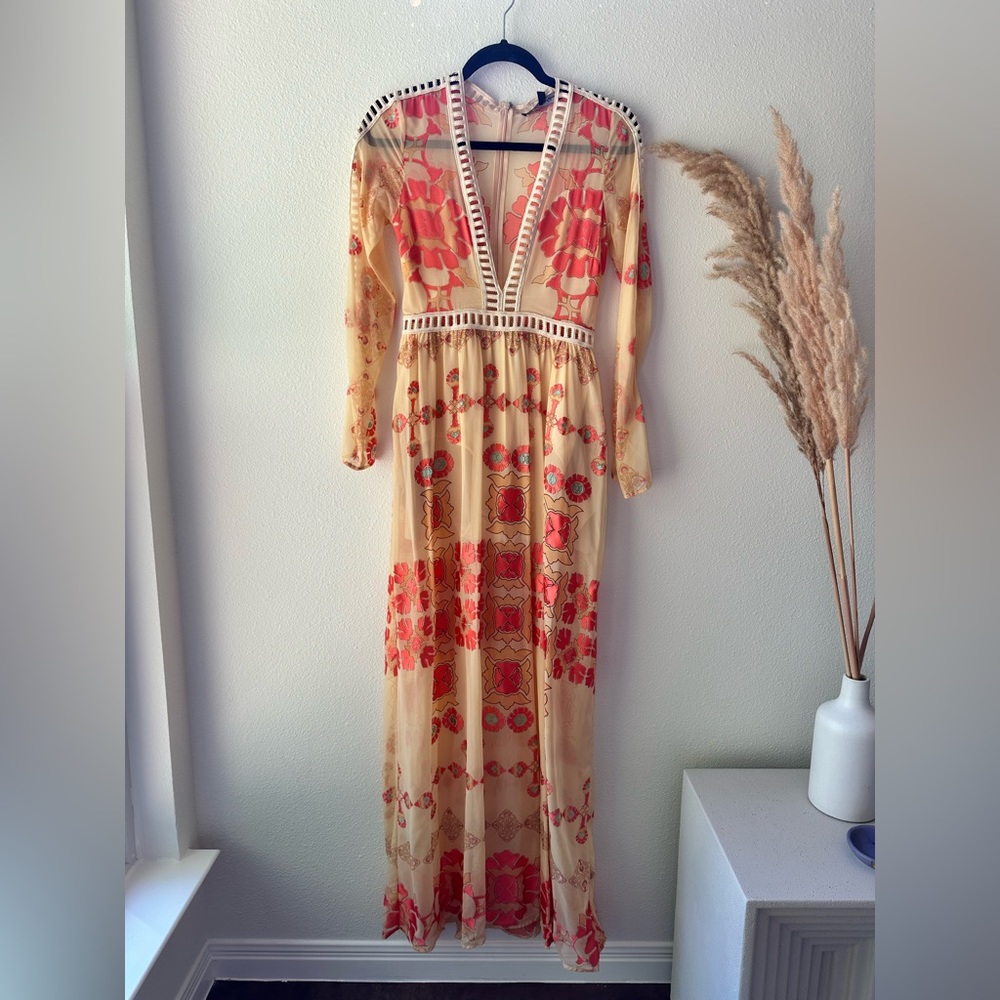 For Love and Lemons long-sleeve sheer dress, S, champagne with orange and blue.